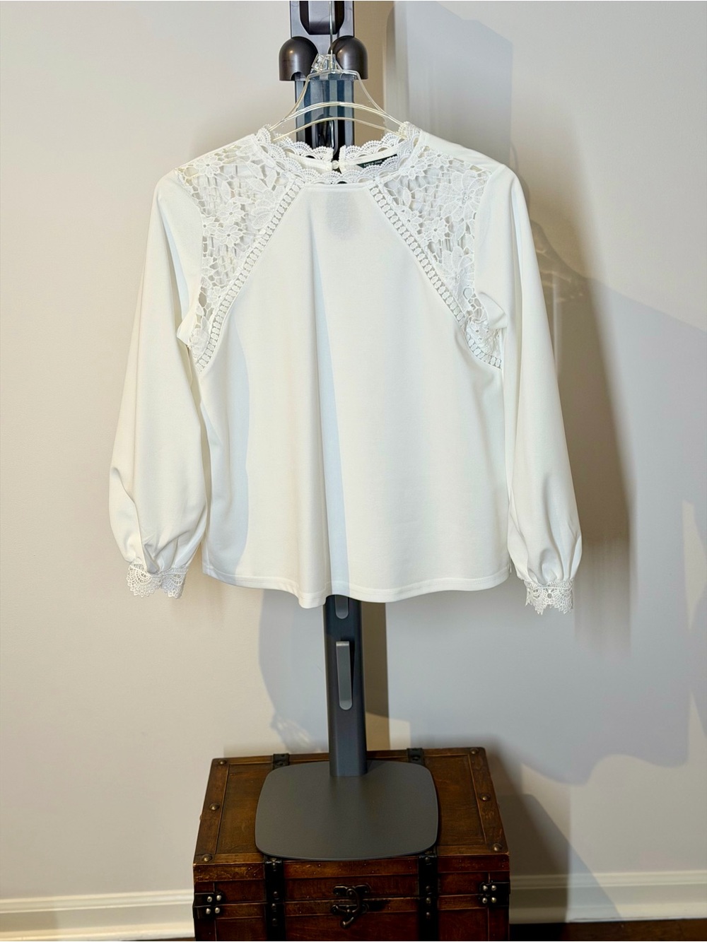 Women's White Lace-Panel Long Sleeve Top